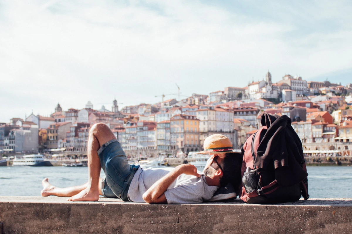 man with backpack in europe